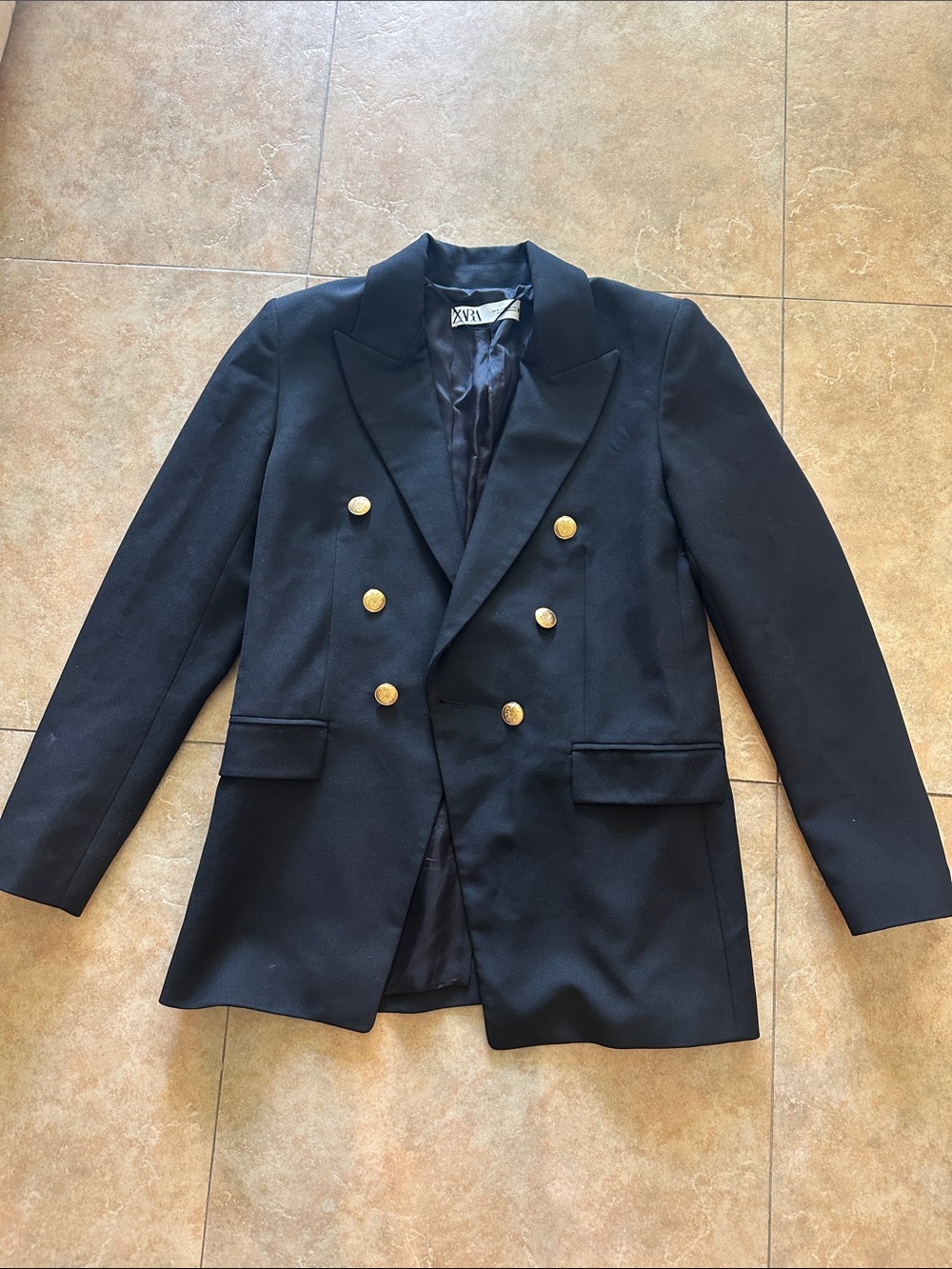 Zara Black Double-Breasted Pea Coat with Gold Buttons